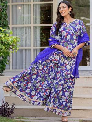 Women Floral Printed Pure Cotton Kurta with Sharara & Dupatta 4