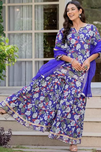 Women Floral Printed Pure Cotton Kurta with Sharara & Dupatta
