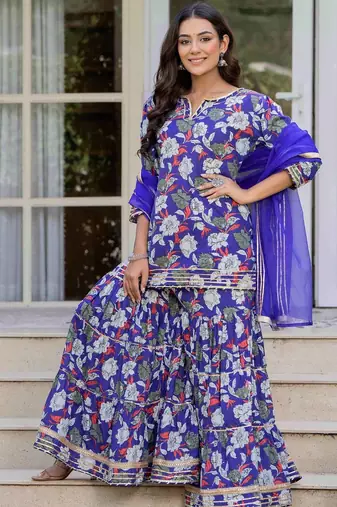 Women Floral Printed Pure Cotton Kurta with Sharara & Dupatta