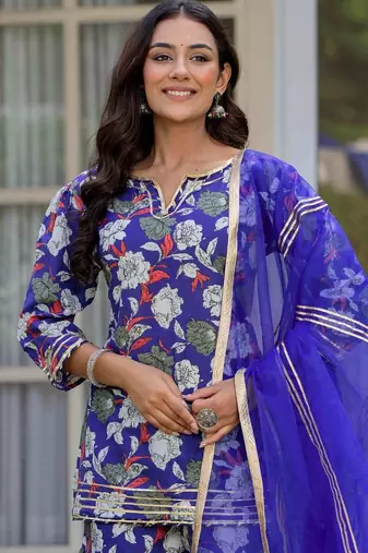 Women Floral Printed Pure Cotton Kurta with Sharara & Dupatta
