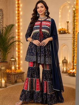 Ethnic Motifs Printed Pure Cotton A-Line Kurti With Sharara & Dupatta 1