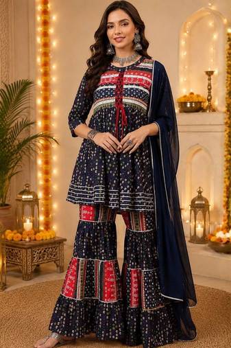 Ethnic Motifs Printed Pure Cotton A-Line Kurti With Sharara & Dupatta
