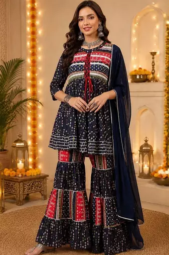 Ethnic Motifs Printed Pure Cotton A-Line Kurti With Sharara & Dupatta