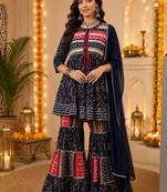 Ethnic Motifs Printed Pure Cotton A-Line Kurti With Sharara & Dupatta