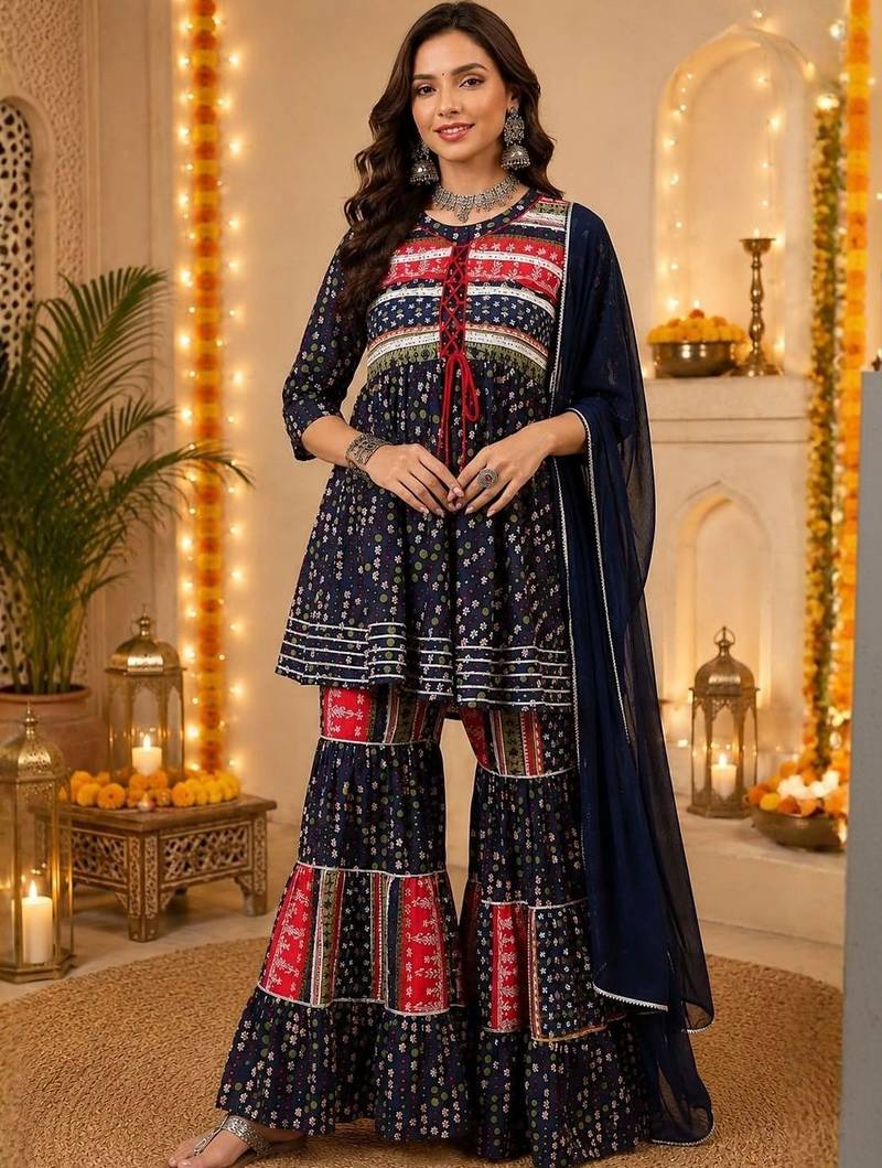 Ethnic Motifs Printed Pure Cotton A-Line Kurti With Sharara & Dupatta