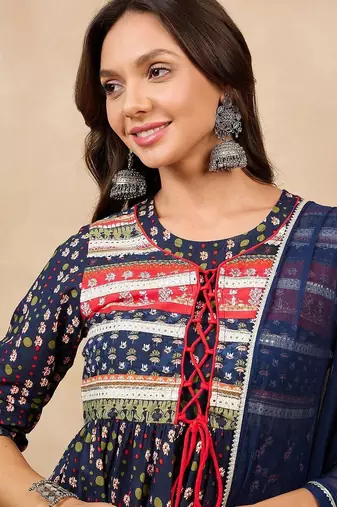Ethnic Motifs Printed Pure Cotton A-Line Kurti With Sharara & Dupatta