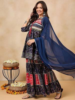 Ethnic Motifs Printed Pure Cotton A-Line Kurti With Sharara & Dupatta 5