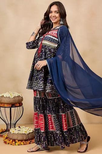Ethnic Motifs Printed Pure Cotton A-Line Kurti With Sharara & Dupatta