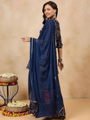 Ethnic Motifs Printed Pure Cotton A-Line Kurti With Sharara & Dupatta 6
