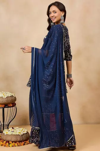 Ethnic Motifs Printed Pure Cotton A-Line Kurti With Sharara & Dupatta