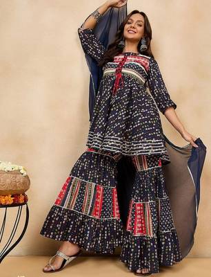Ethnic Motifs Printed Pure Cotton A-Line Kurti With Sharara & Dupatta 7