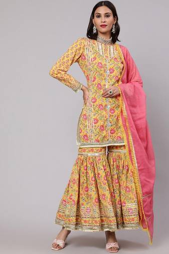 Ethnic Motifs Printed Pure Cotton Straight Kurta With Sharara & Dupatta