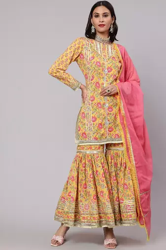 Ethnic Motifs Printed Pure Cotton Straight Kurta With Sharara & Dupatta