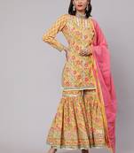 Ethnic Motifs Printed Pure Cotton Straight Kurta With Sharara & Dupatta