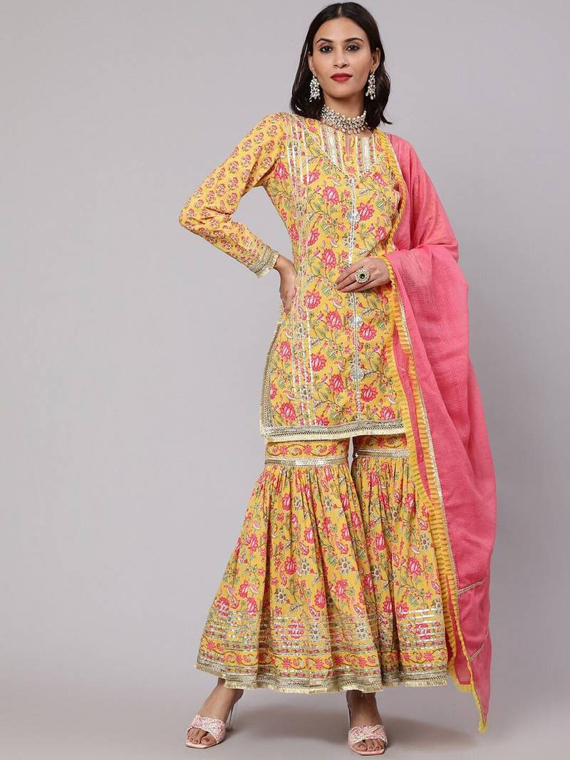 Ethnic Motifs Printed Pure Cotton Straight Kurta With Sharara & Dupatta