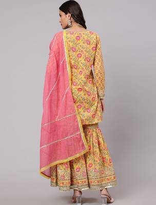 Ethnic Motifs Printed Pure Cotton Straight Kurta With Sharara & Dupatta 5