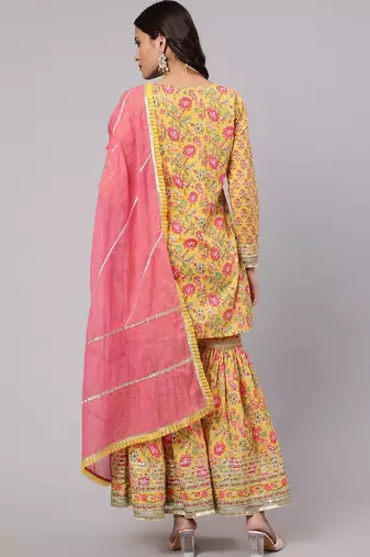 Ethnic Motifs Printed Pure Cotton Straight Kurta With Sharara & Dupatta