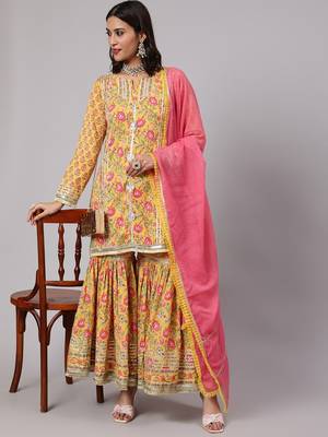 Ethnic Motifs Printed Pure Cotton Straight Kurta With Sharara & Dupatta 6