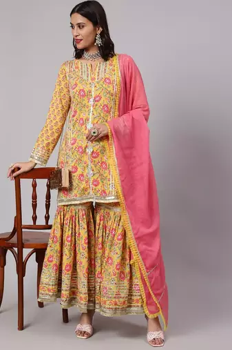 Ethnic Motifs Printed Pure Cotton Straight Kurta With Sharara & Dupatta