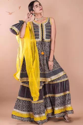 Women Ethnic Motifs Printed Tiered Gotta Patti Kurta With Sharara And Dupatta
