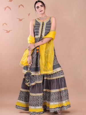 Women Ethnic Motifs Printed Tiered Gotta Patti Kurta With Sharara And Dupatta 3