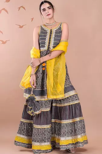 Women Ethnic Motifs Printed Tiered Gotta Patti Kurta With Sharara And Dupatta