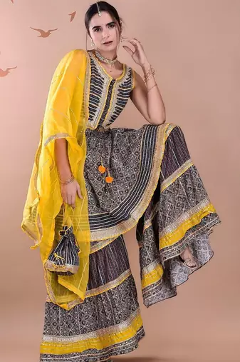 Women Ethnic Motifs Printed Tiered Gotta Patti Kurta With Sharara And Dupatta