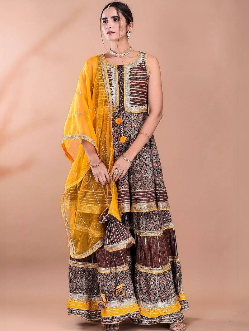 Women Ethnic Motifs Printed Tiered Gotta Patti Kurta With Sharara And Dupatta