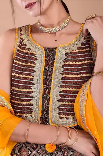 Women Ethnic Motifs Printed Tiered Gotta Patti Kurta With Sharara And Dupatta