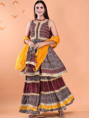 Women Ethnic Motifs Printed Tiered Gotta Patti Kurta With Sharara And Dupatta 5