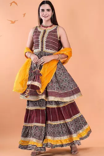 Women Ethnic Motifs Printed Tiered Gotta Patti Kurta With Sharara And Dupatta