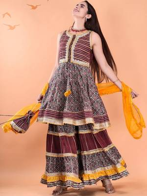 Women Ethnic Motifs Printed Tiered Gotta Patti Kurta With Sharara And Dupatta 6