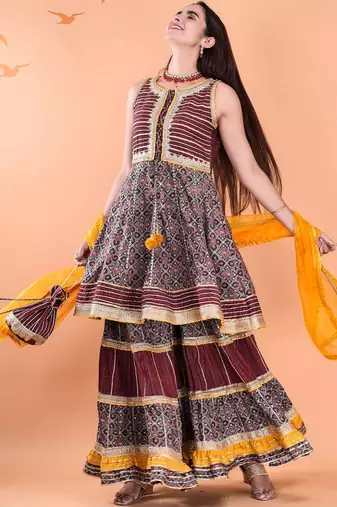 Women Ethnic Motifs Printed Tiered Gotta Patti Kurta With Sharara And Dupatta