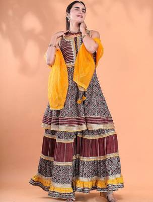 Women Ethnic Motifs Printed Tiered Gotta Patti Kurta With Sharara And Dupatta 7