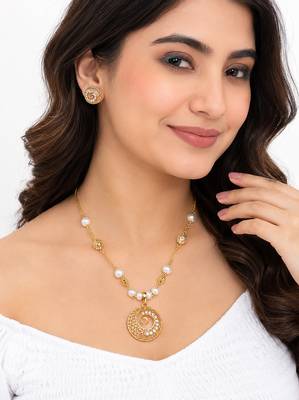 Gold-toned pearl & crystal spiral pendant necklace filigree spiral design, pearl beaded chain, crystal embellished. 1
