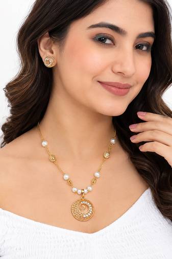 Gold-toned pearl & crystal spiral pendant necklace filigree spiral design, pearl beaded chain, crystal embellished.