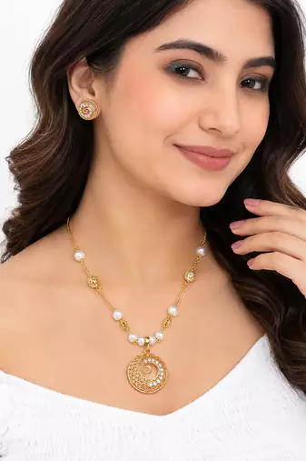 Gold-toned pearl & crystal spiral pendant necklace filigree spiral design, pearl beaded chain, crystal embellished.