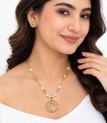 Gold-toned pearl & crystal spiral pendant necklace filigree spiral design, pearl beaded chain, crystal embellished.