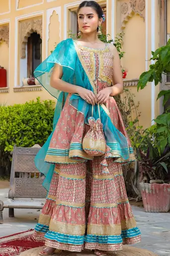 Ethnic Motifs Printed Tiered Gotta Patti Pure Silk Kurta with Sharara and Dupatta