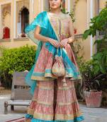Ethnic Motifs Printed Tiered Gotta Patti Pure Silk Kurta with Sharara and Dupatta