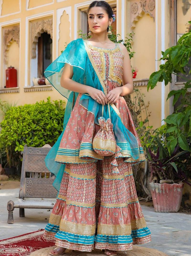 Ethnic Motifs Printed Tiered Gotta Patti Pure Silk Kurta with Sharara and Dupatta