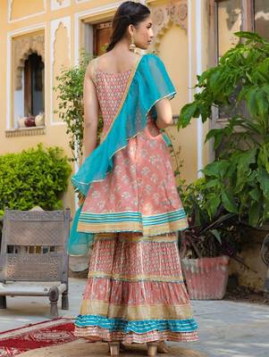 Ethnic Motifs Printed Tiered Gotta Patti Pure Silk Kurta with Sharara and Dupatta 2