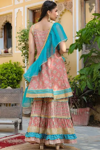 Ethnic Motifs Printed Tiered Gotta Patti Pure Silk Kurta with Sharara and Dupatta