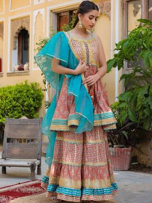 Ethnic Motifs Printed Tiered Gotta Patti Pure Silk Kurta with Sharara and Dupatta 3