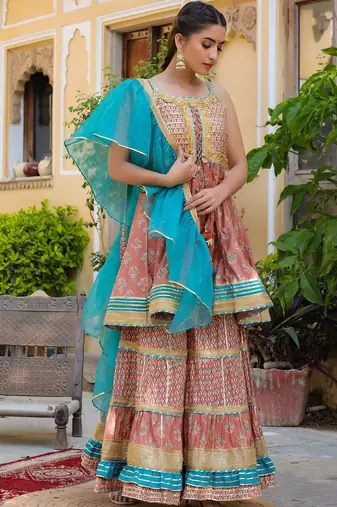 Ethnic Motifs Printed Tiered Gotta Patti Pure Silk Kurta with Sharara and Dupatta