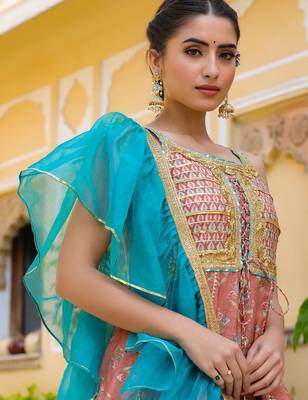 Ethnic Motifs Printed Tiered Gotta Patti Pure Silk Kurta with Sharara and Dupatta 4