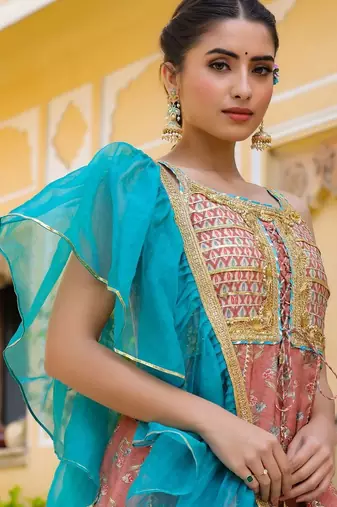 Ethnic Motifs Printed Tiered Gotta Patti Pure Silk Kurta with Sharara and Dupatta