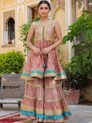 Ethnic Motifs Printed Tiered Gotta Patti Pure Silk Kurta with Sharara and Dupatta 5