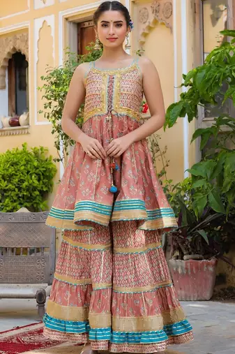 Ethnic Motifs Printed Tiered Gotta Patti Pure Silk Kurta with Sharara and Dupatta