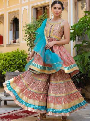 Ethnic Motifs Printed Tiered Gotta Patti Pure Silk Kurta with Sharara and Dupatta 6